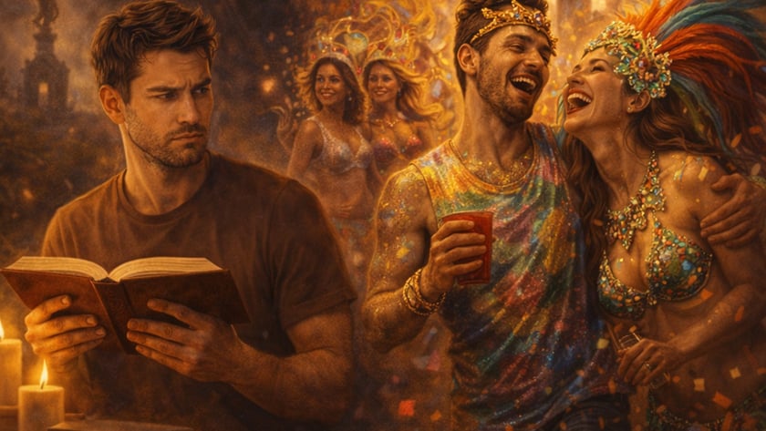 Homem sério lê livro à luz de velas enquanto casal fantasiado ri em festa de carnaval.