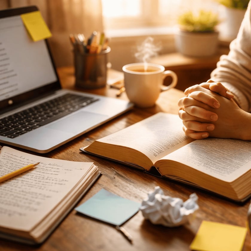 Pessoa de mãos entrelaçadas sobre livro aberto, em mesa com laptop, caderno e xícara.