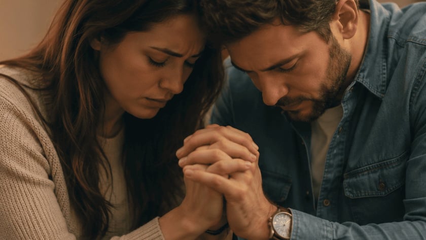 Mulher e homem sentados num sofá, de cabeça baixa, com as mãos unidas.