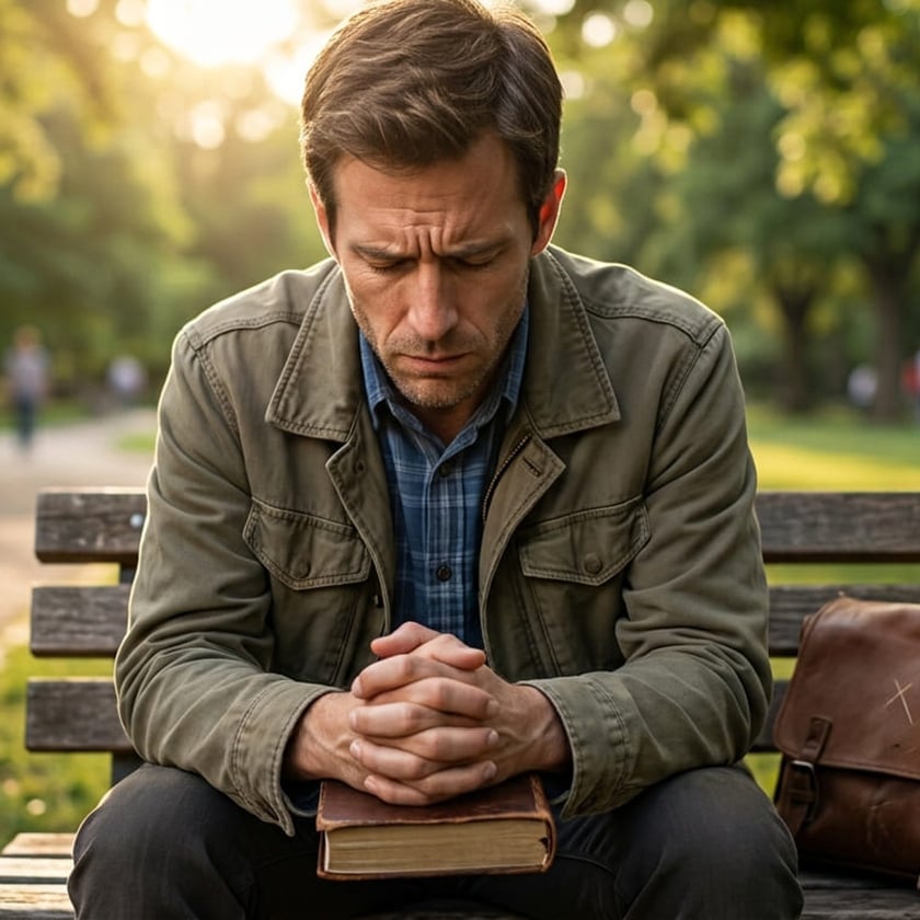 Homem sentado em um banco de parque, de olhos fechados, mãos unidas sobre um livro.