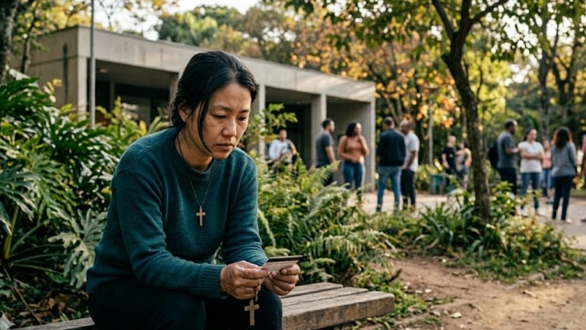 Pessoa sentada num banco segura um cartão enquanto grupos conversam em pé num parque.