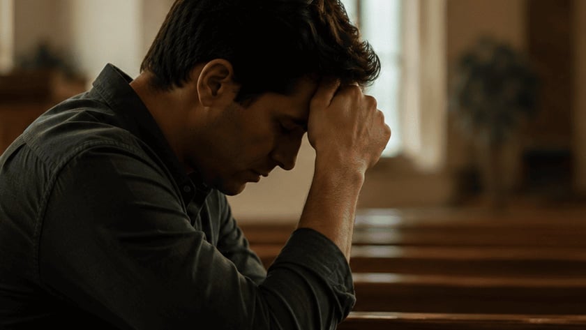 Homem de cabelo escuro e camisa escura, sentado num banco de igreja, com a testa apoiada no punho.