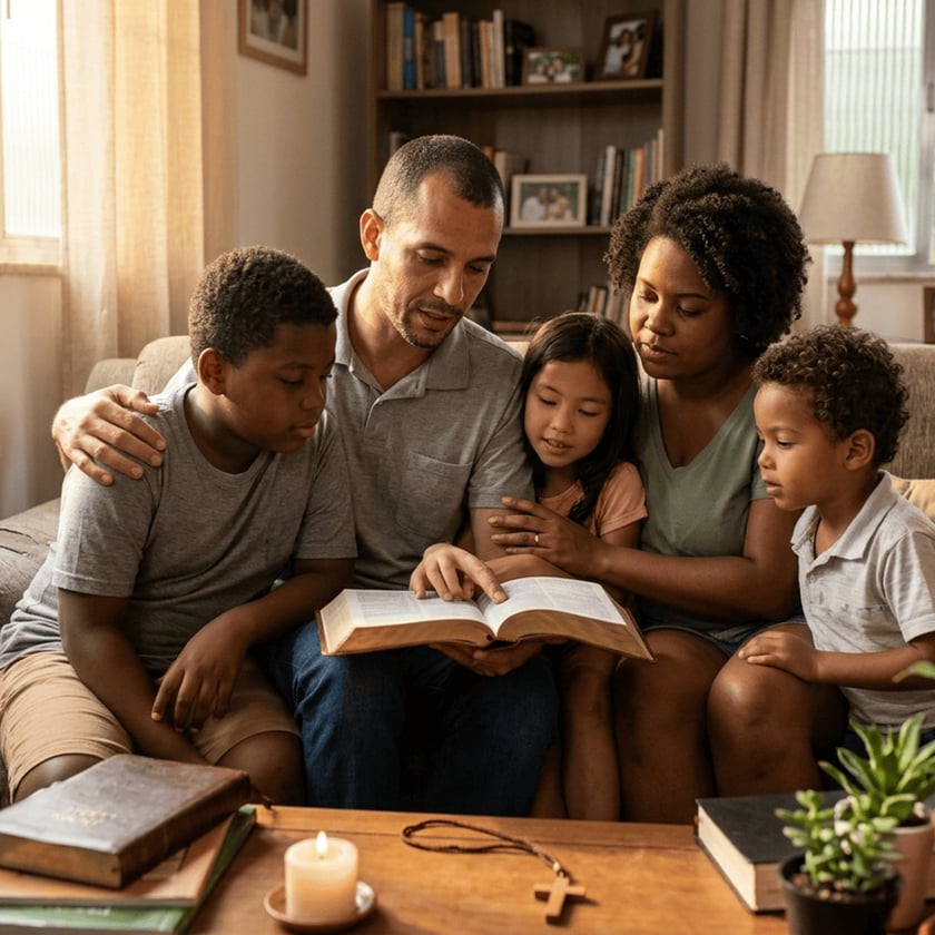 Família com três crianças lê a Bíblia junta no sofá da sala.