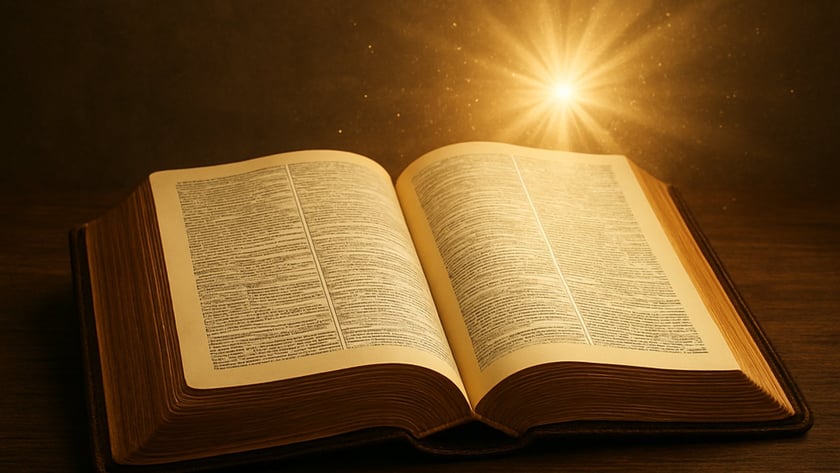 Livro grosso aberto sobre mesa de madeira, com um ponto de luz brilhante acima das páginas.