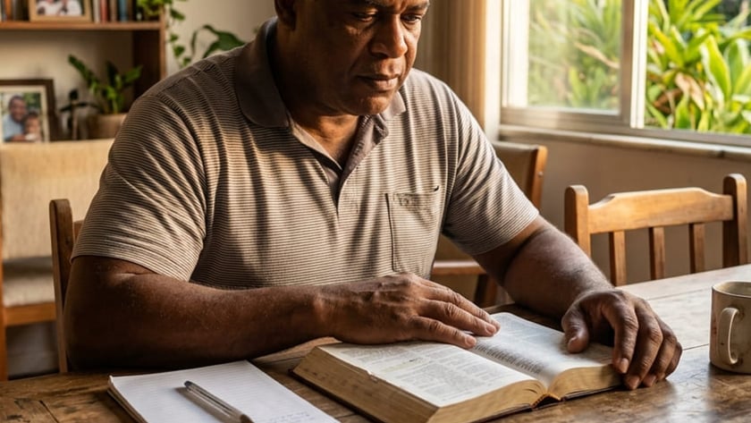Homem de camisa polo lê uma Bíblia numa mesa de madeira, com calculadora e caderno.