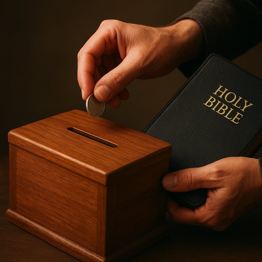 Mão coloca moeda em cofre de madeira, enquanto outra segura uma Bíblia: "HOLY BIBLE"