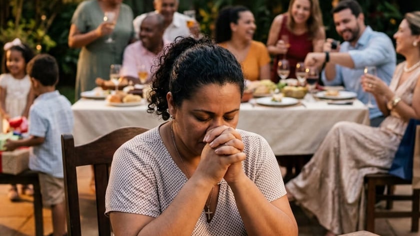 Mulher de mãos juntas e olhos fechados à mesa, enquanto família festeja ao fundo.