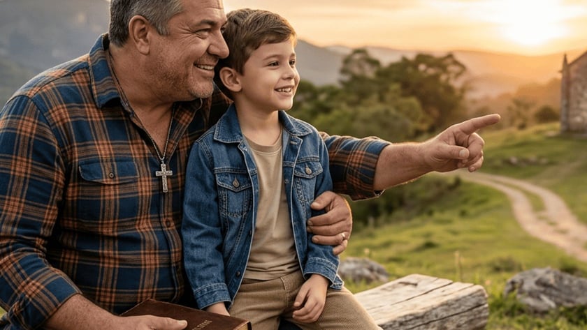 Homem com uma Bíblia e um menino sentados num tronco, apontando para uma capela.