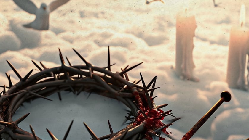 Coroa de espinhos e cravos com sangue sobre nuvens, com pombas e velas acesas ao fundo.