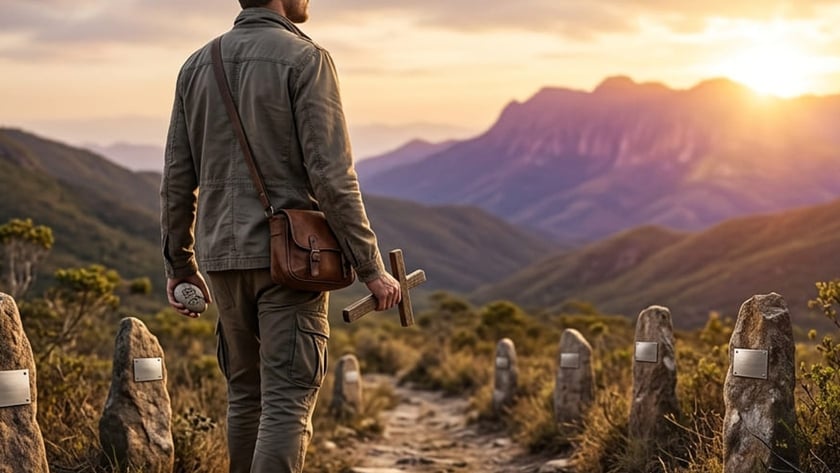 Homem de costas segura uma cruz de madeira e uma pedra numa trilha de montanha.