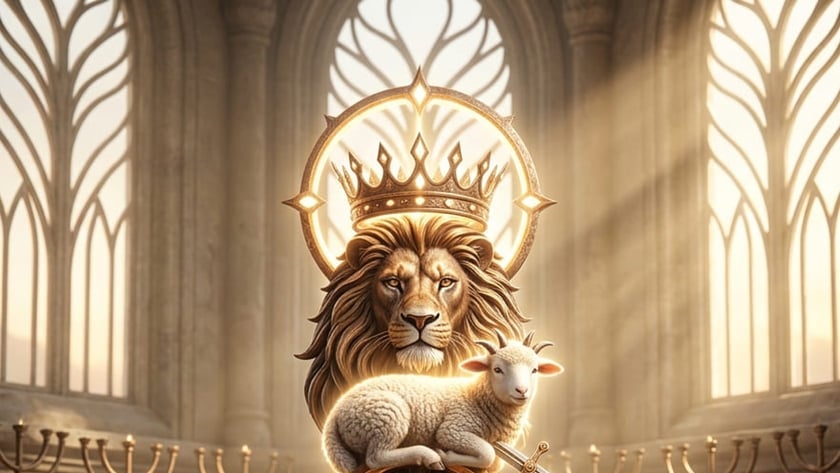 Leão coroado com um cordeiro deitado sobre uma âncora e um ômega, diante de candelabros.
