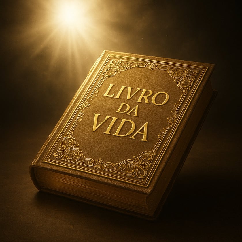 Livro de capa dourada ornamentada sobre superfície escura, com o título "Livro da Vida".