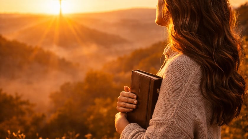 Mulher de cabelos longos segura uma Bíblia diante de uma cruz no horizonte, ao nascer do sol.