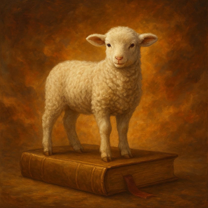 Cordeiro branco em pé sobre um grande livro antigo de capa de couro marrom.