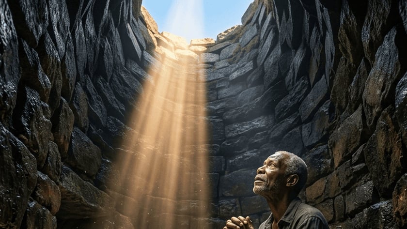 Homem idoso sentado com as mãos unidas olha para cima, dentro de um poço de pedra.