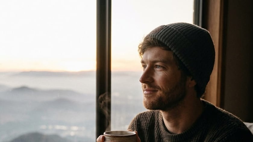 Homem de gorro segura uma caneca fumegante e olha pela janela para montanhas.