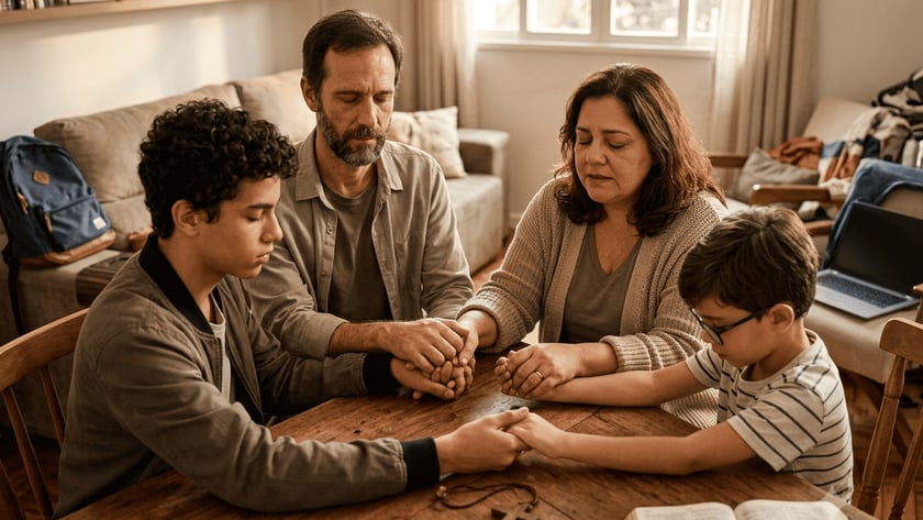 Família de quatro pessoas de mãos dadas e olhos fechados, rezando à mesa na sala.