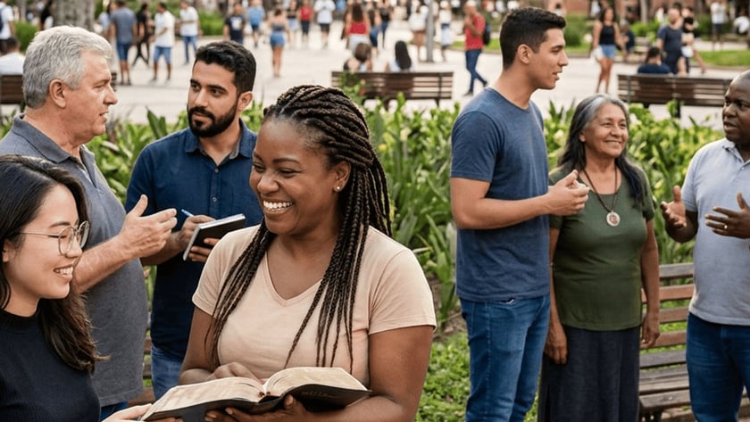 Grupo diverso conversa em uma praça arborizada; uma mulher sorridente segura uma Bíblia aberta.