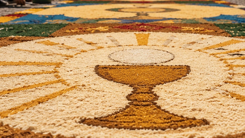 Pessoas agachadas montam tapete colorido com cálice dourado em rua de casarões e igreja.