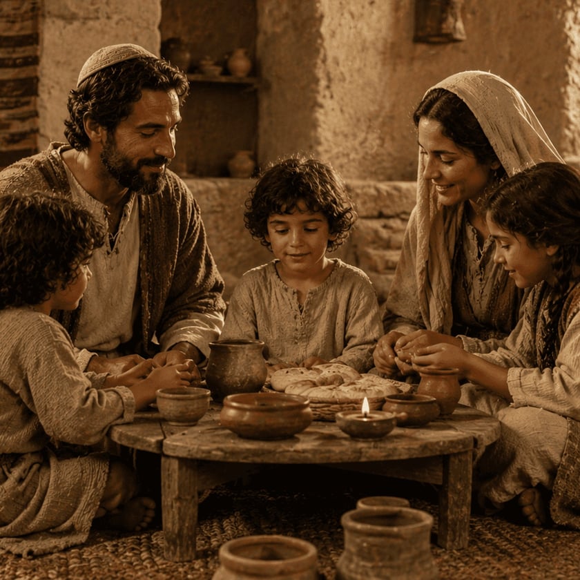 Família com pai, mãe, menino e menina sentados ao redor de uma mesa baixa com pães.