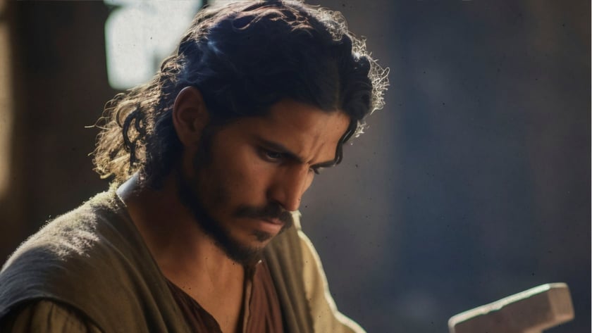 Homem de cabelo comprido e barba trabalha concentrado em um tear de madeira com fios claros.