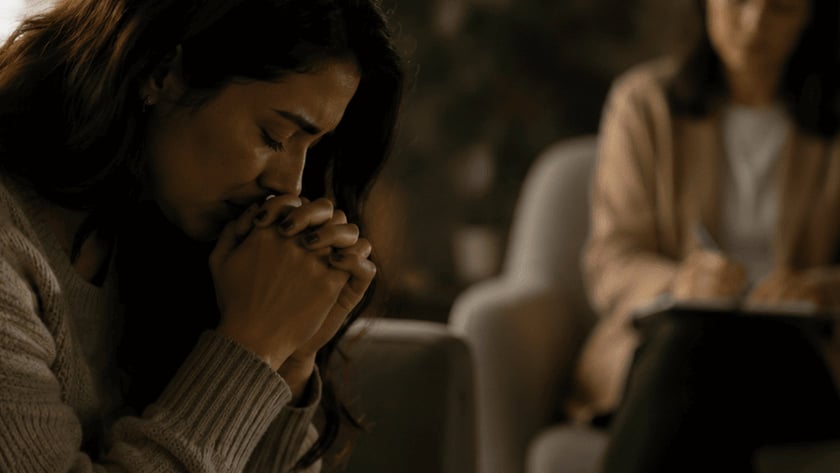 Mulher de cabelo escuro e suéter de tricô, sentada no sofá, com as mãos unidas junto ao rosto.