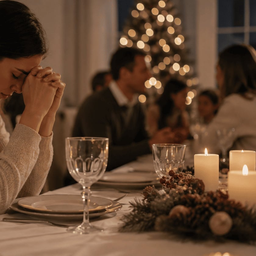 Mulher de cabeça baixa e mãos unidas à mesa de Natal posta, com pessoas ao fundo.