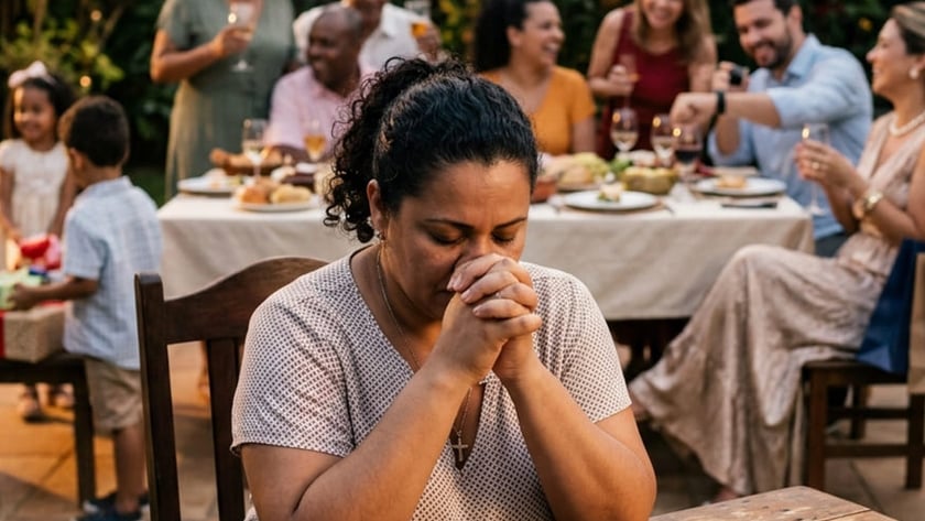 Mulher de mãos juntas e olhos fechados à mesa, enquanto família festeja ao fundo.