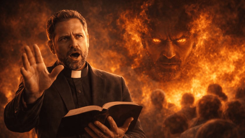 Padre de colarinho clerical lê a Bíblia diante de um rosto demoníaco de fogo e uma multidão.
