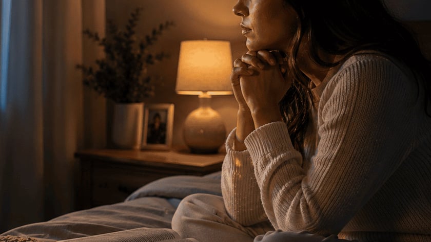 Mulher sentada na cama, de mãos juntas, olha pela janela; há uma Bíblia aberta.