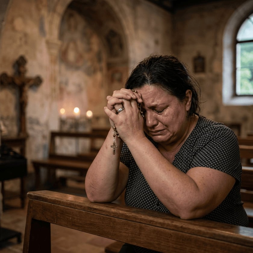 Mulher chorando, com as mãos unidas segurando um terço, ajoelhada em um banco de igreja antiga.