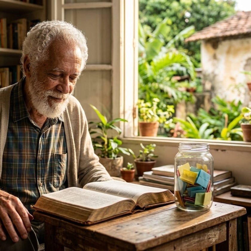 Idoso de barba branca lê um livro grosso em uma mesa de madeira perto da janela.