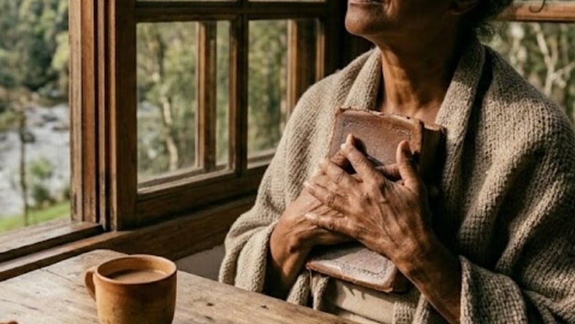 Idosa de xale olha pela janela, abraçando um livro, ao lado de caneca e pão.