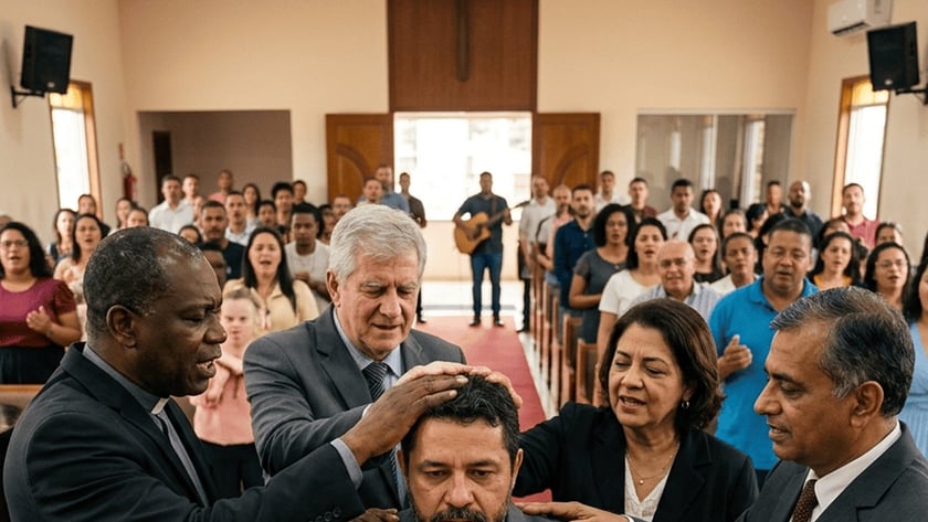 Pastores e uma mulher impõem as mãos sobre um homem sentado diante de uma Bíblia, em uma igreja.