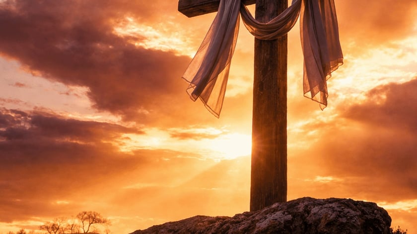 Cruz de madeira com tecido claro pendurado, sobre uma rocha ao pôr do sol.