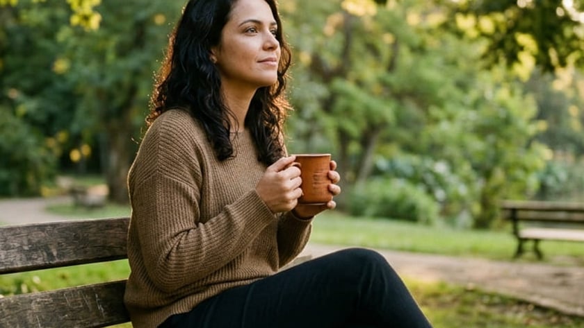 Mulher de cabelo escuro segura uma caneca em um banco de parque, com uma Bíblia ao lado.