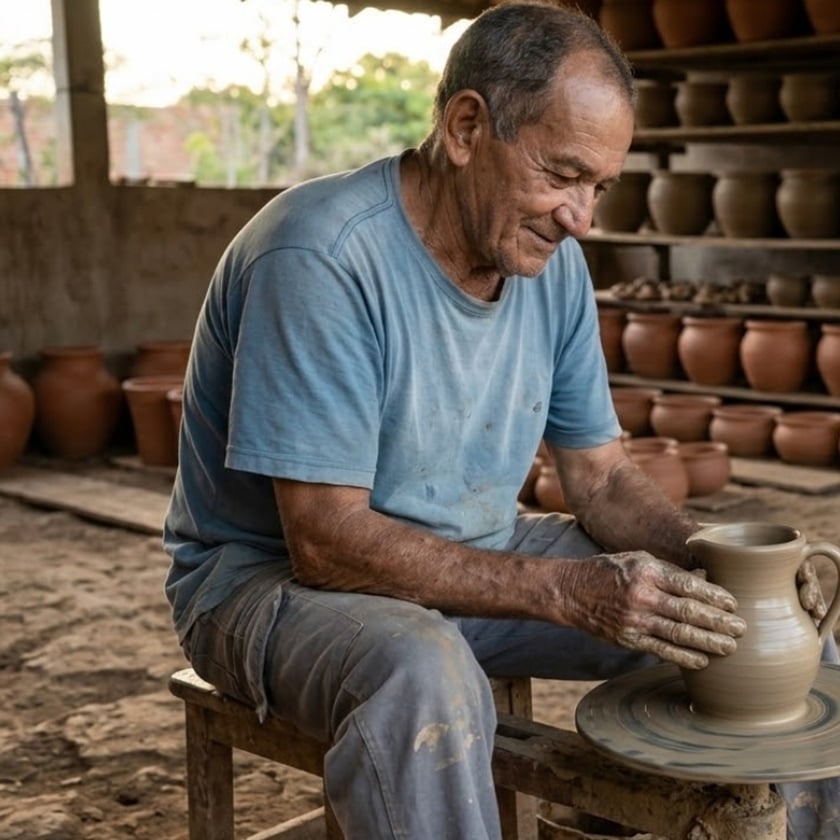 Homem idoso molda uma jarra de barro em um torno, numa olaria.