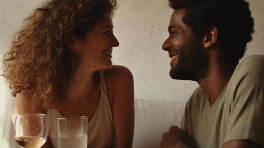 Mulher de cabelo cacheado e homem de barba sorriem um para o outro à mesa com pizza.