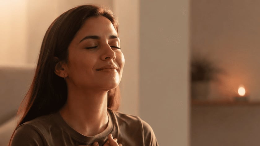 Mulher de olhos fechados e mãos sobre o peito, sentada diante de um livro aberto.