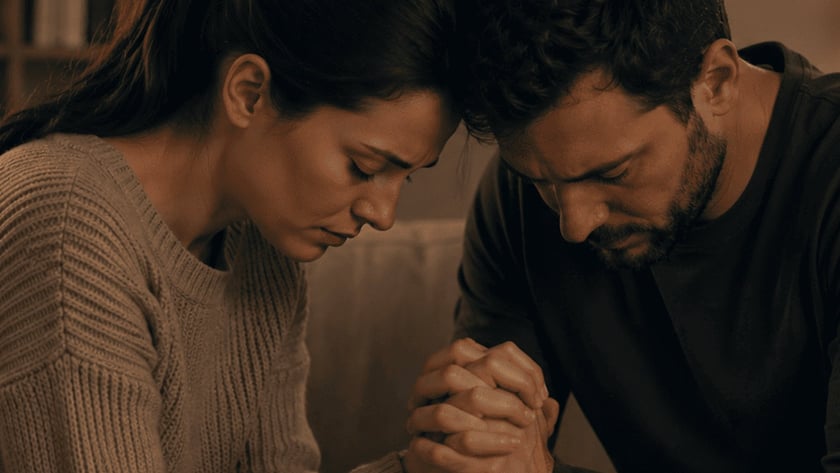 Homem e mulher sentados no sofá, de cabeça baixa, com as mãos unidas.