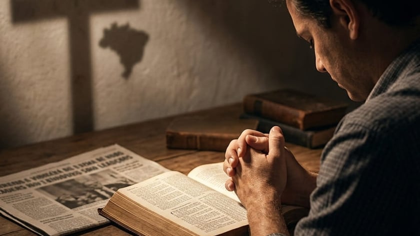 Homem de mãos postas diante de uma Bíblia aberta e um jornal, com sombra de cruz na parede.
