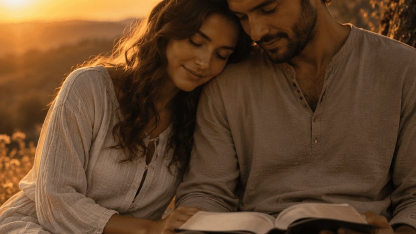 Casal sentado ao ar livre, ela com a cabeça no ombro dele, que lê um livro.