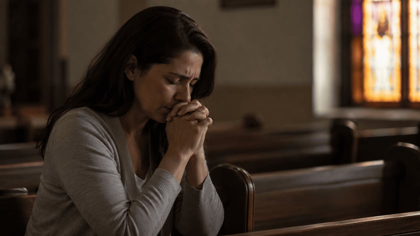 Mulher de mãos unidas junto ao rosto, sentada em um banco de igreja.