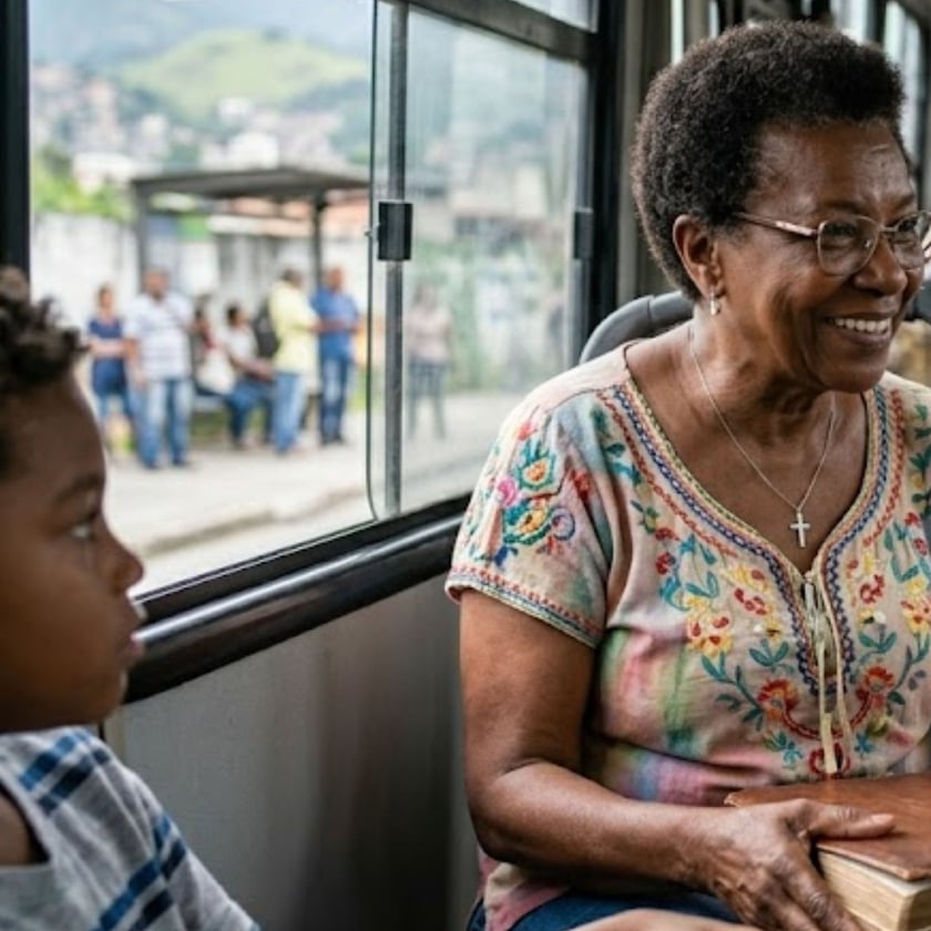 Idosa sorridente de óculos, com um livro no colo, sentada num ônibus ao lado de uma criança.