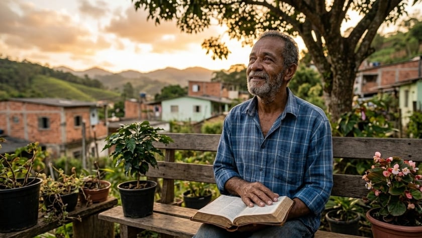 Homem idoso de barba grisalha sentado num banco com uma Bíblia aberta no colo, olhando para cima.