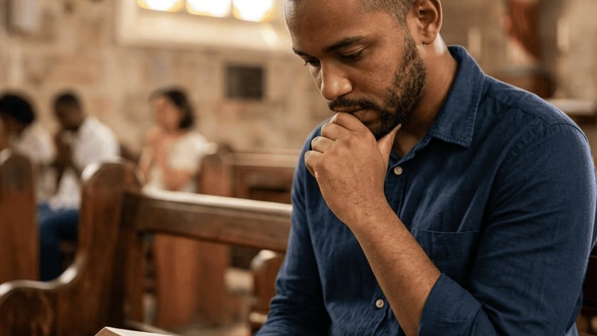 Homem de barba lê uma Bíblia sentado em um banco de igreja de pedra.