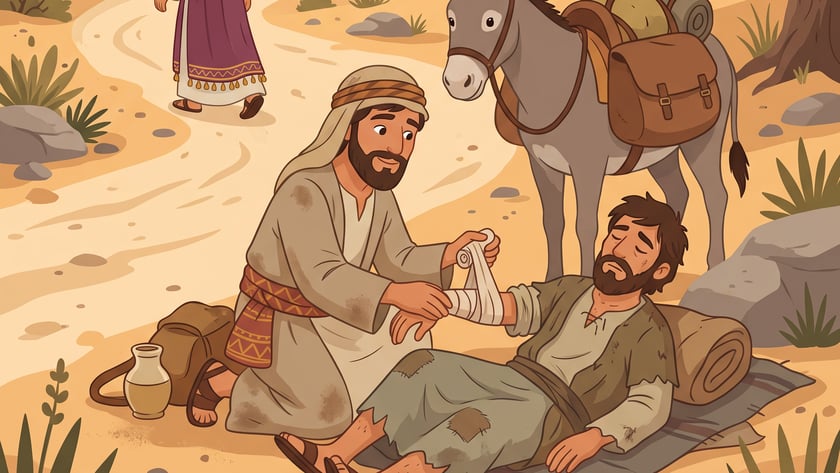 Homem de barba enfaixa o braço de outro ferido, deitado no chão, ao lado de um burro.