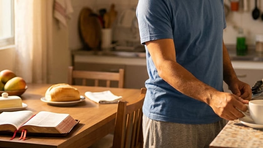 Homem de camiseta azul em cozinha, com Bíblia aberta, pão, manteiga e frutas sobre a mesa.
