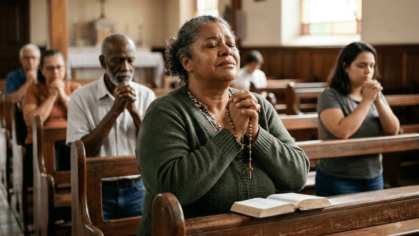 Mulher de cardigã verde reza ajoelhada com um terço na igreja, ao lado de outros fiéis.