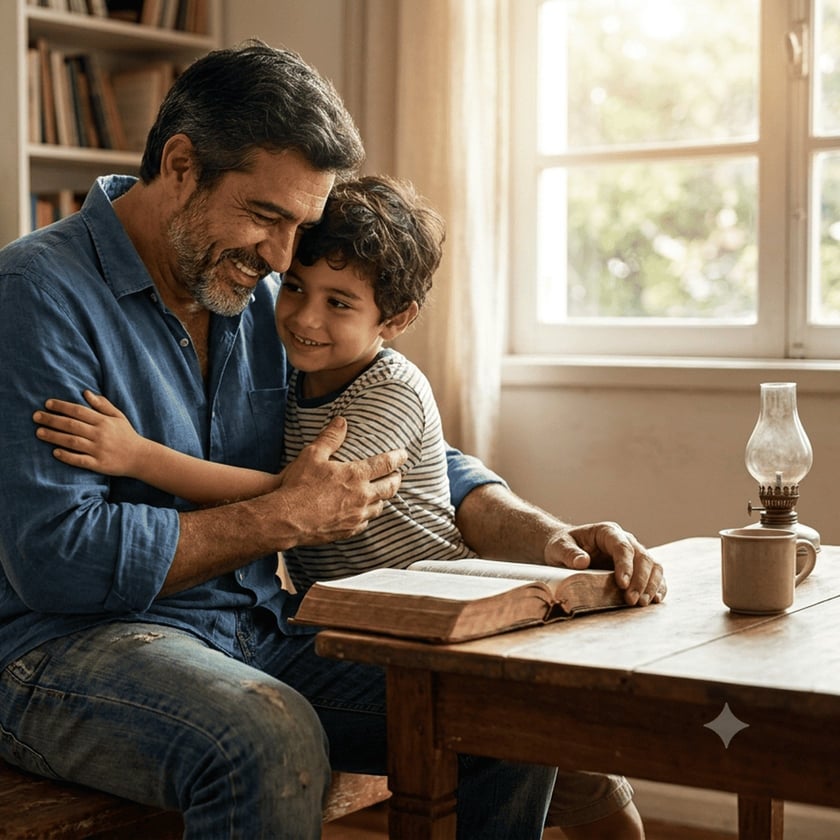 Homem sorridente abraça um menino ao lado de uma mesa com livro aberto.